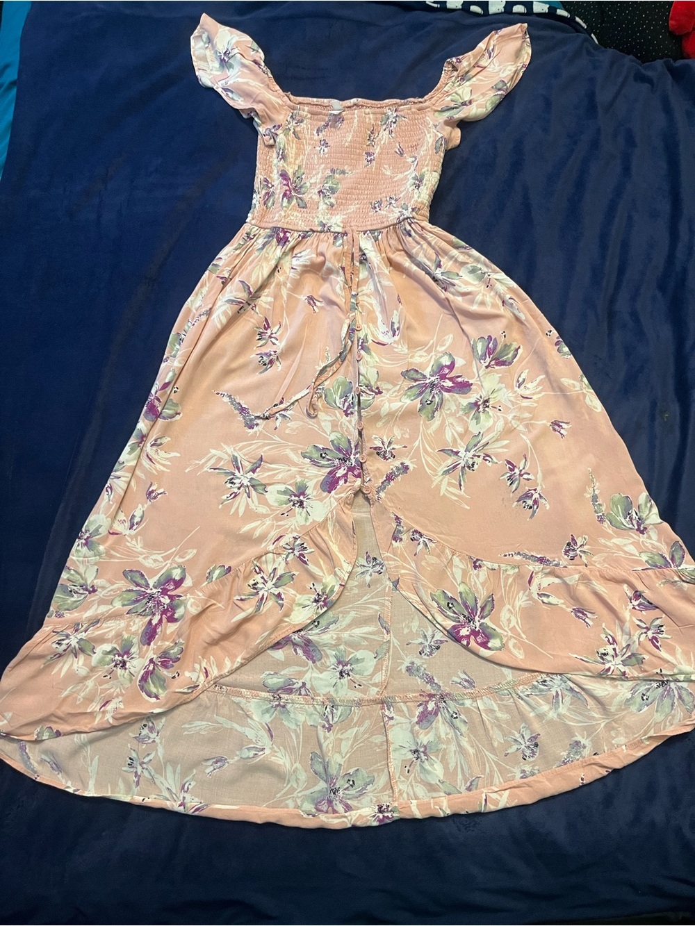 Hollister Peach Floral Maxi Dress with Smocked Bodice